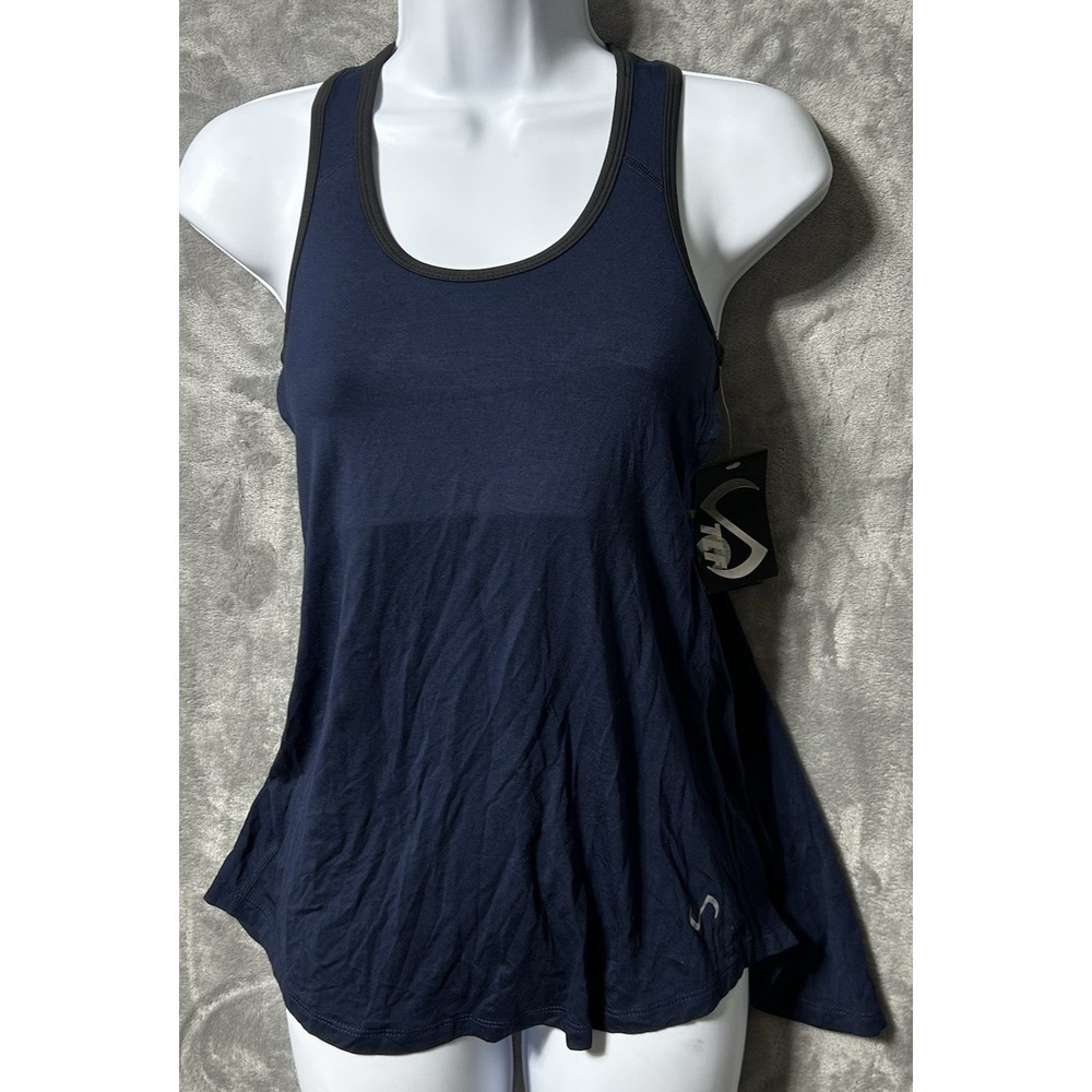 TLF Mirage Tank Womens Small Navy Black Open Back Built-In Bra NWT